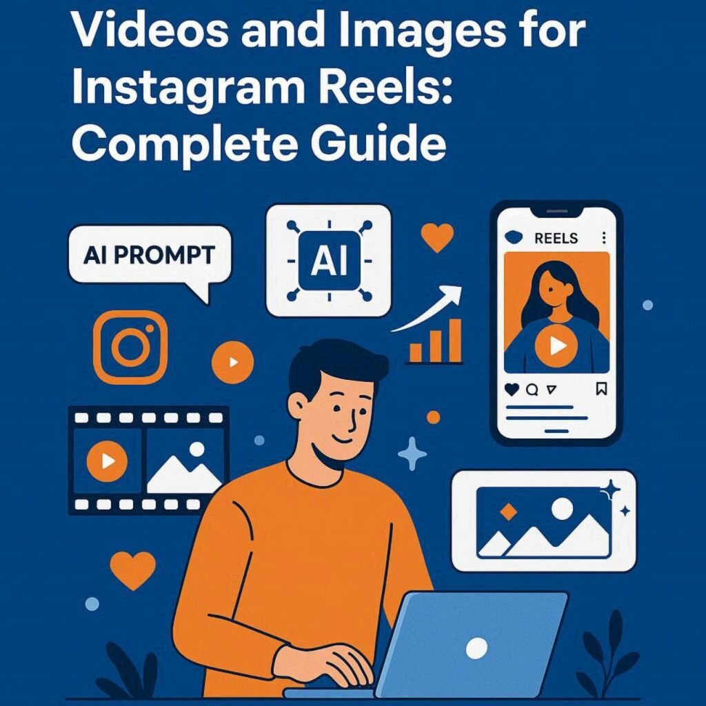 Flat vector illustration showing AI tools generating Instagram Reel videos and images with blue and orange digital marketing design elements.