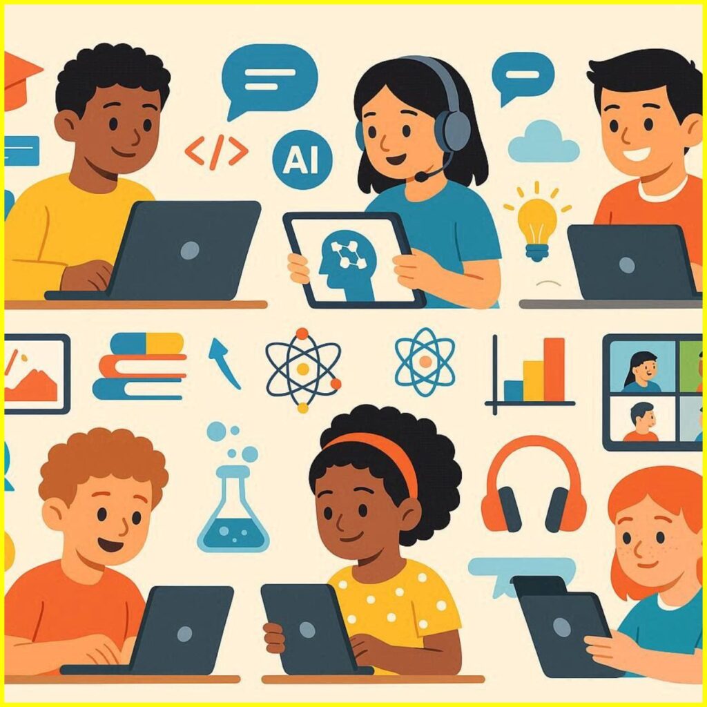 School students learning online courses including coding, AI, communication skills, science, and creative skills on laptops and tablets