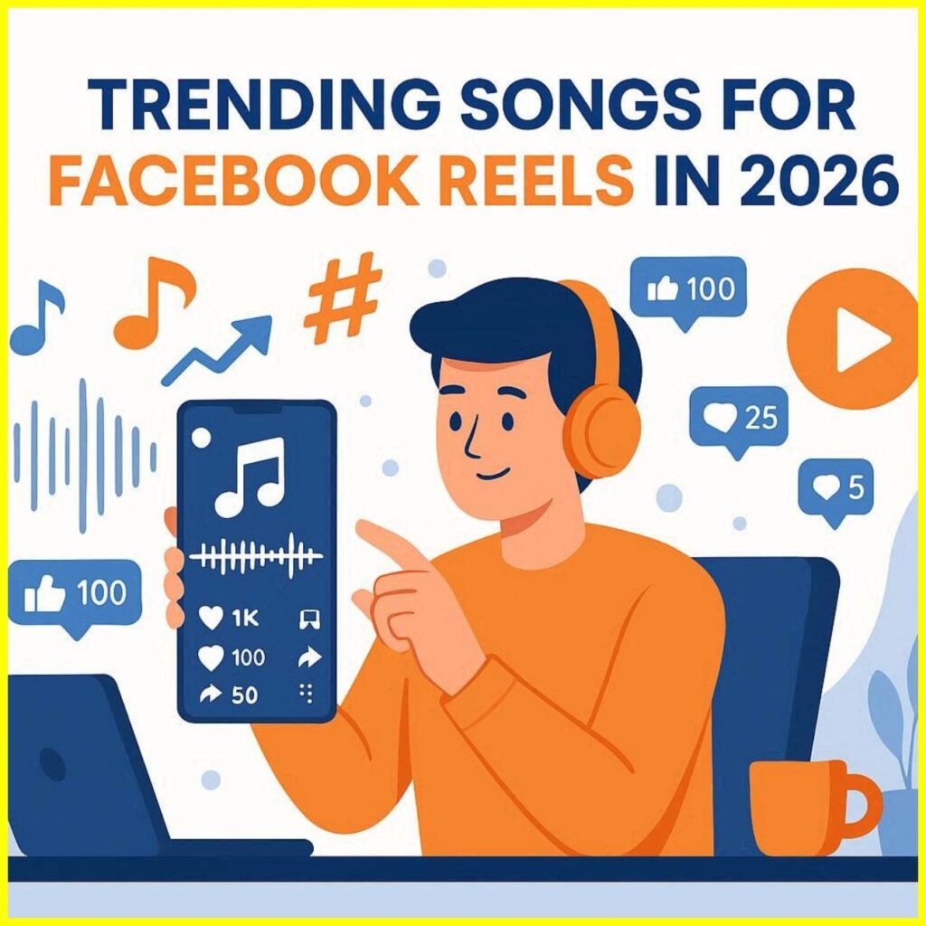 Flat vector illustration of a content creator making Facebook Reels with trending music, viral audio icons, smartphone interface, music notes, and social media engagement elements in blue and orange colors.