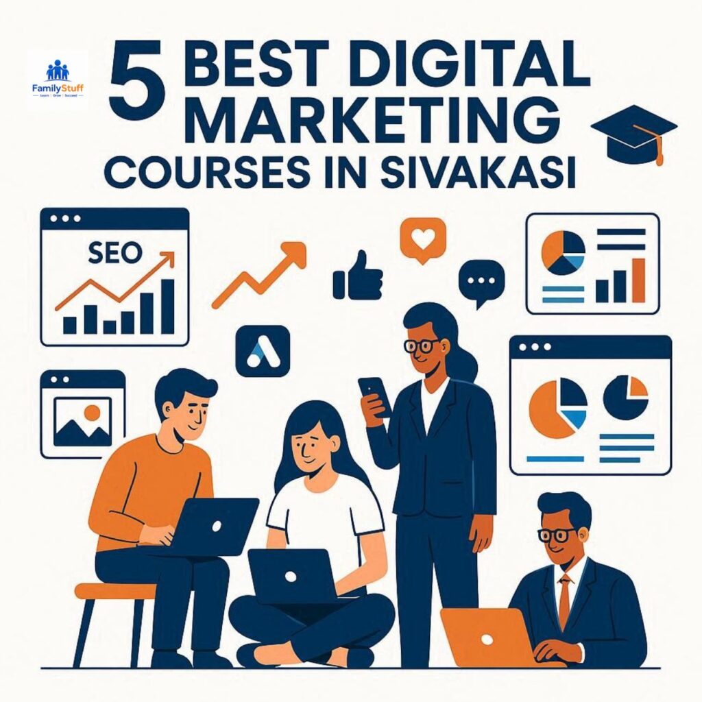 Flat vector illustration of students and professionals learning digital marketing in Sivakasi with laptops, SEO analytics, social media marketing, Google Ads, content creation, and growth charts in blue and orange colors.