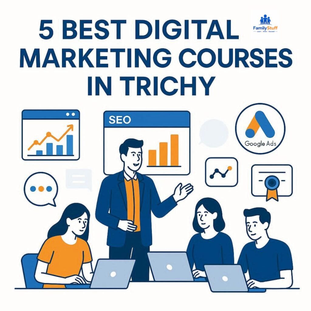 Flat vector illustration showing students learning digital marketing, SEO, Google Ads, social media marketing, and online certification courses in Trichy.