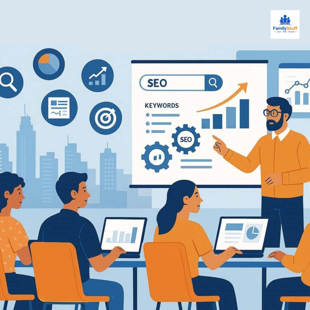 Flat vector illustration showing students learning SEO and digital marketing in Mumbai with laptop, analytics dashboard, search rankings, charts, and online training elements.