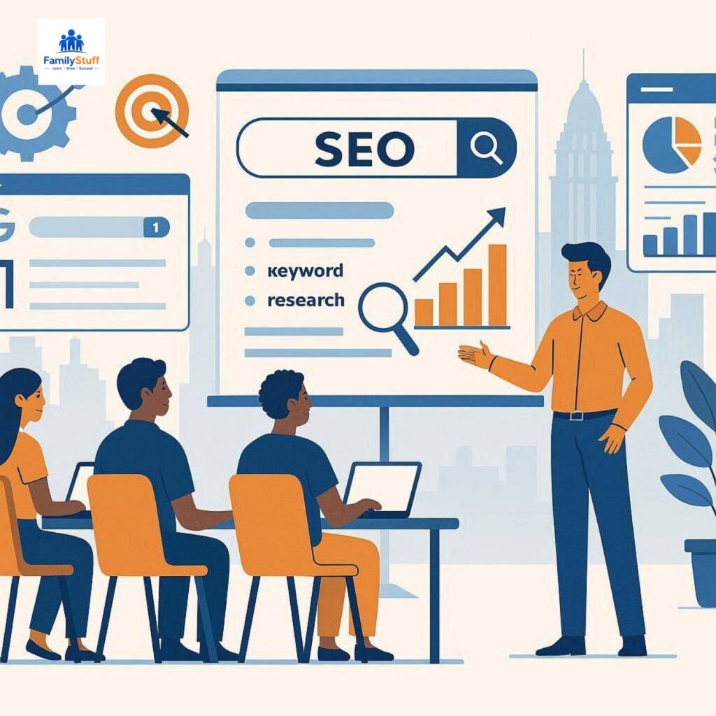 Flat vector illustration showing students learning SEO and digital marketing in Bangalore with laptop, analytics dashboard, search rankings, charts, and online training elements.