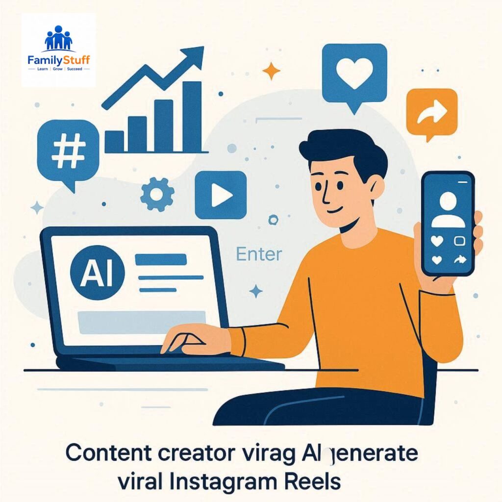 Flat vector illustration of a creator using AI prompts to generate viral Instagram Reels with engagement, growth, and social media marketing elements.