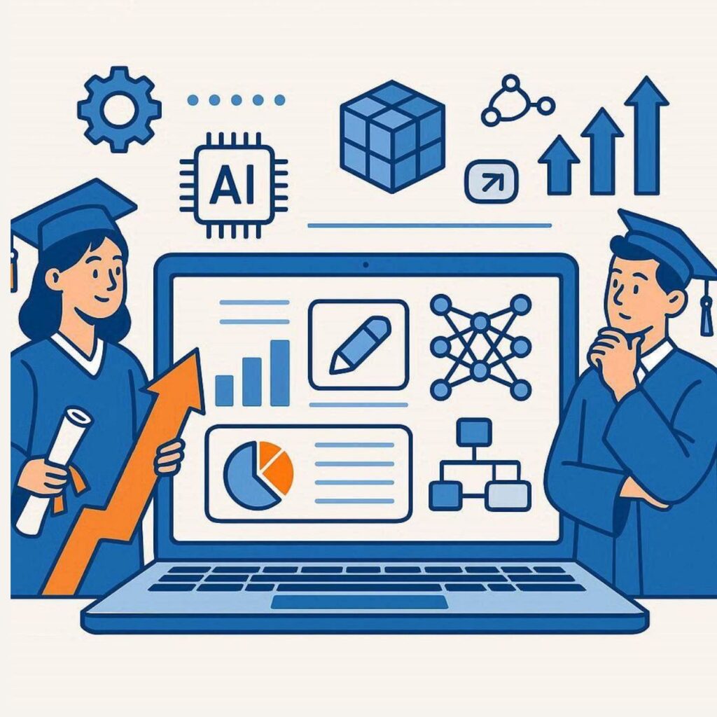 Flat vector illustration of graduates learning artificial intelligence with laptop, AI brain, machine learning charts, data analytics dashboard, automation icons, and career growth elements in blue and orange colors.
