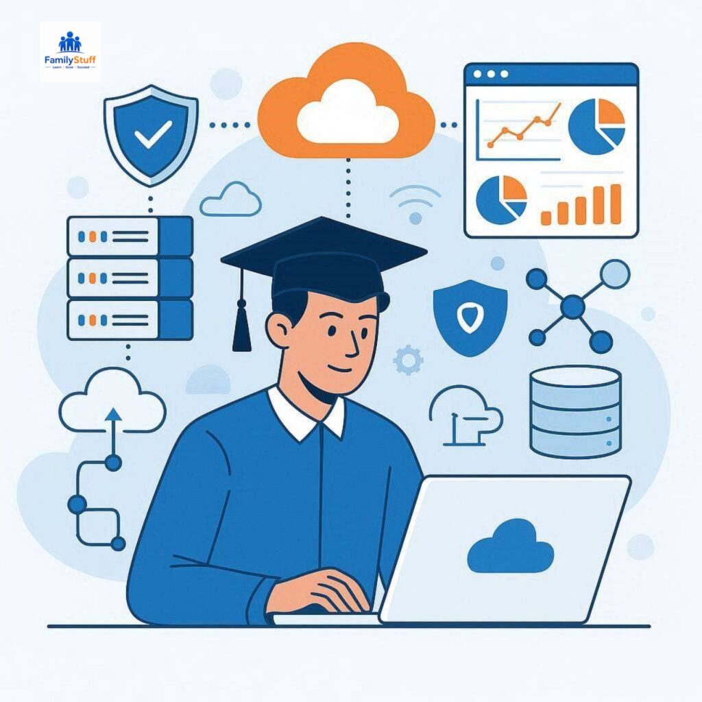 Flat vector illustration of a graduate learning cloud computing with cloud servers, networking, security, and technology icons in blue and orange colors.