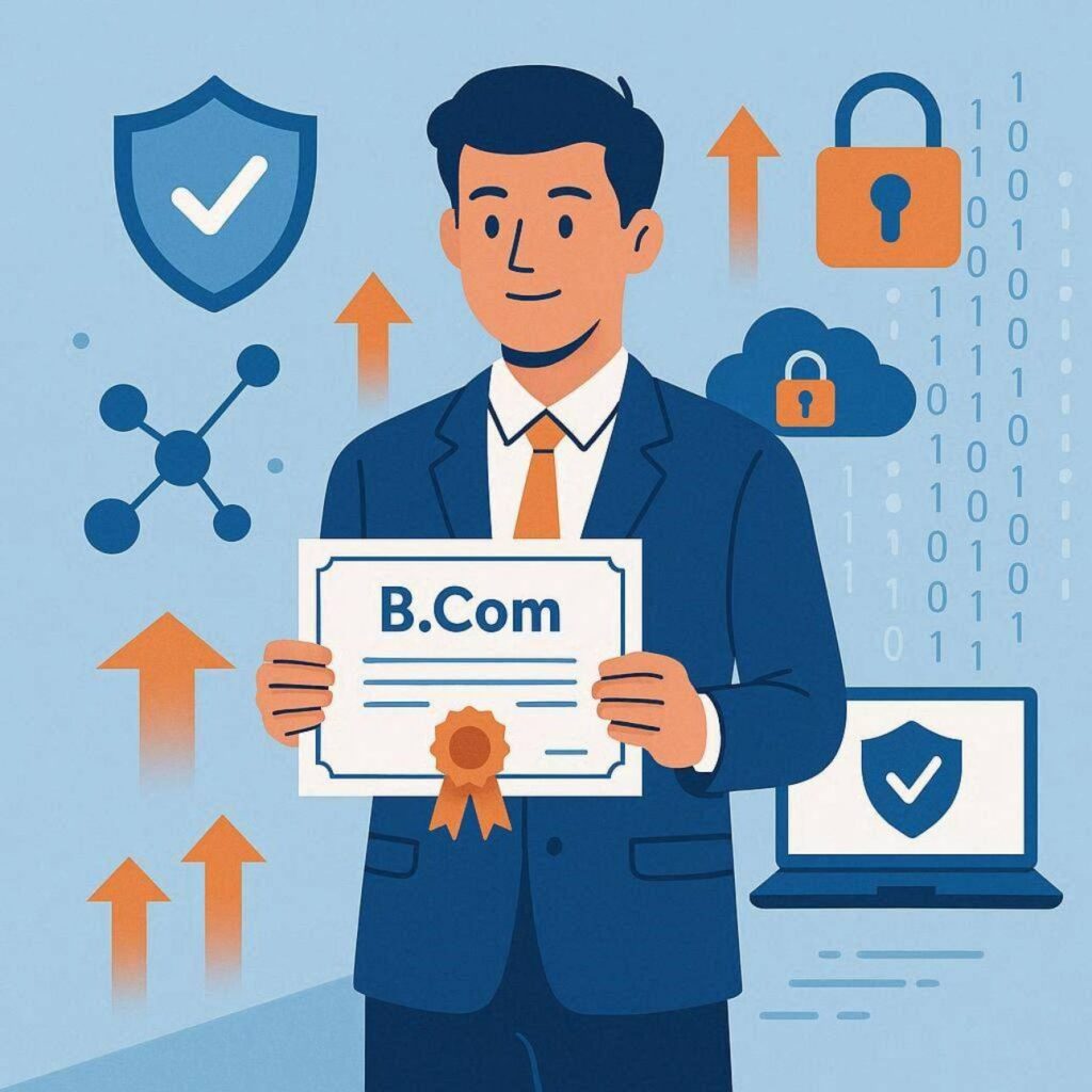 Flat vector illustration of a BCom graduate learning cybersecurity with digital security icons, networking elements, and career growth symbols in blue and orange colors.