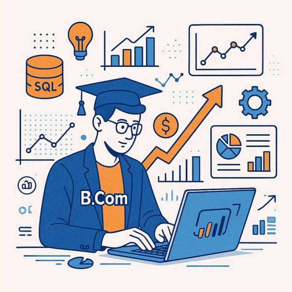 Flat vector illustration of a BCom graduate learning data analytics with laptop, business dashboards, Power BI charts, SQL database, financial graphs, and career growth icons in blue and orange colors.