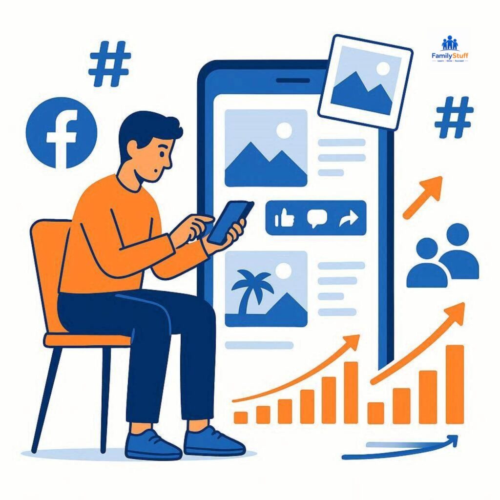 Flat vector illustration showing a social media creator uploading Facebook photos with hashtag icons, engagement symbols, likes, comments, and growth charts. Blue and orange color scheme representing digital marketing, photo visibility, audience reach, and Facebook content growth in 2026.