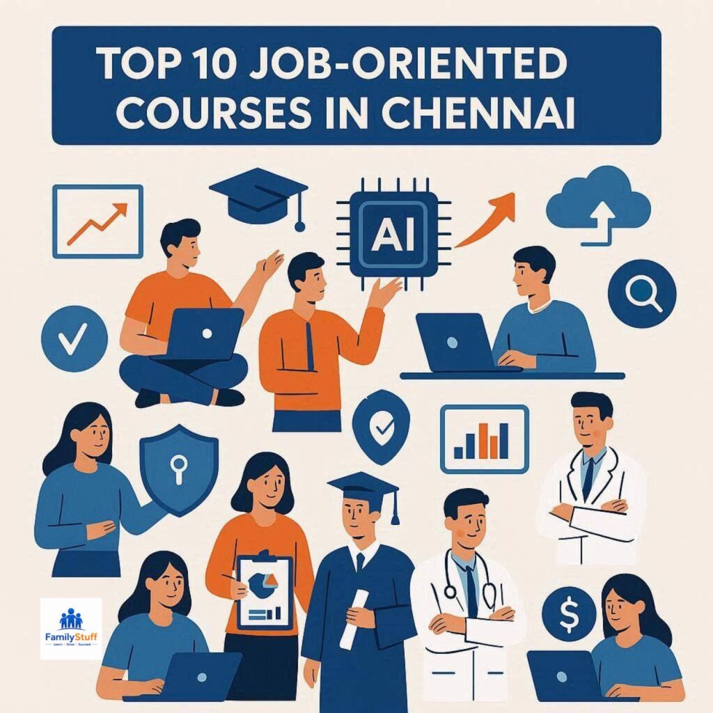 Flat vector illustration of students exploring top job-oriented courses in Chennai with technology, education, and career growth icons in blue and orange.